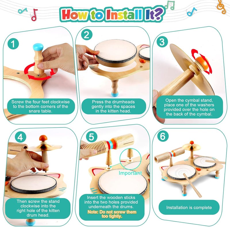 wingyz Store Kids Drum Set – 6-in-1 Wooden Musical Instruments for Toddlers 1–3, Montessori Baby Music Set with Drums, Cymbal & Tone Block, FSC-Certified Cat Design Table for Home & Classroom Learning Gift - Image 4